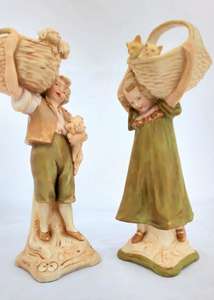 Royal Dux Ceramic Pair Figurines Boy Pups Girl Kittens 1341 c 1920