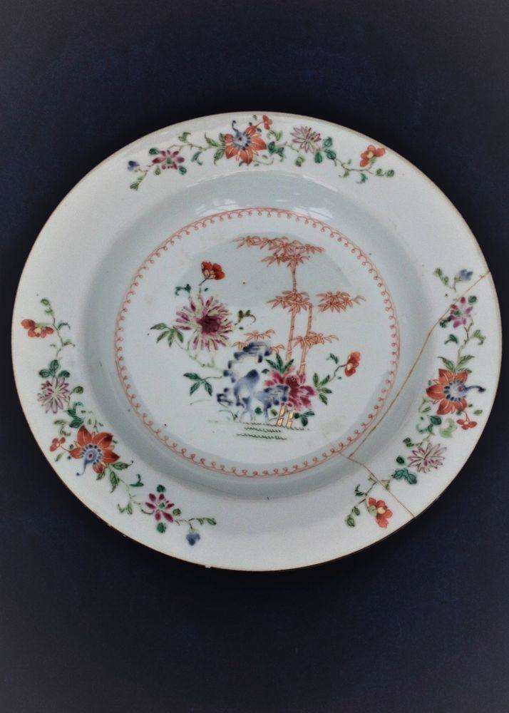 Chinese Porcelain Plate Hollow Blue Rock Peony Bamboo Batavian Rim Qianlong Antique c 1750