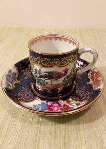 Set of Six Booths Silicon China Coffee Cans Blue Scale Ground Exotic Birds Pattern c 1900