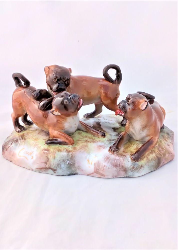 A Scrimmage of Three Pug Dogs - Antique Meissen Porcelain Figure Group F186 circa 1880