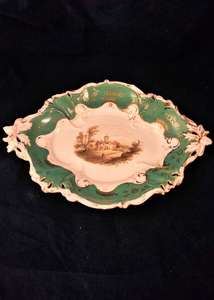 Samuel Alcock Porcelain Painted Leaf Handled Dessert Dish Landscape 2 775 pattern c 1840