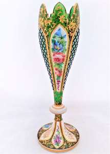 An Antique Bohemian Cut Green Glass Vase with Petal Shaped Overlay Panels that are Cut Enamelled and Gilded made by Josephinehutte in Schreiberhau Silesia circa 1865