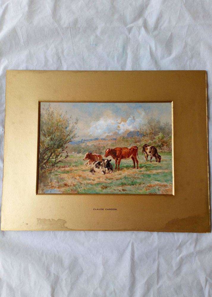 Antique Gilt Framed Glazed and Mounted Claude Cardon Watercolour Painting titled A Summers Day - Cows in a field rural pastoral scene circa 1900