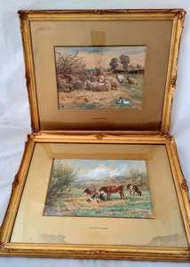 Antique Gilt Framed Glazed and Mounted Claude Cardon Watercolour Painting titled A Summers Day - Cows in a field rural pastoral scene circa 1900