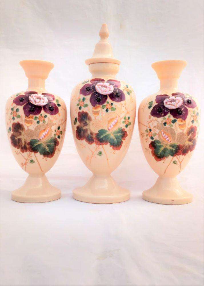 Garniture of Floral Painted and Jewelled Bohemian Peach Coloured Opaque Glass Vases one with cover Antique Victorian circa 1870