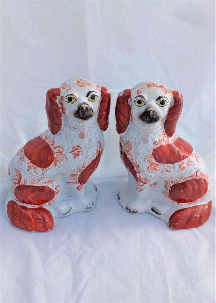 Antique Pair Staffordshire Pottery Dogs Russet and White Spaniels 10 inches high circa 1870