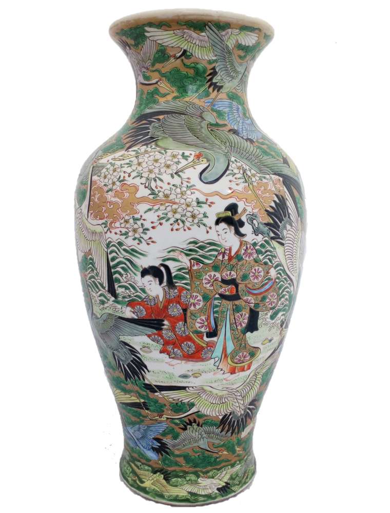 Aode Kutani Porcelain Vase Antique Japanese Hand Painted Cranes Meiji 45 cm