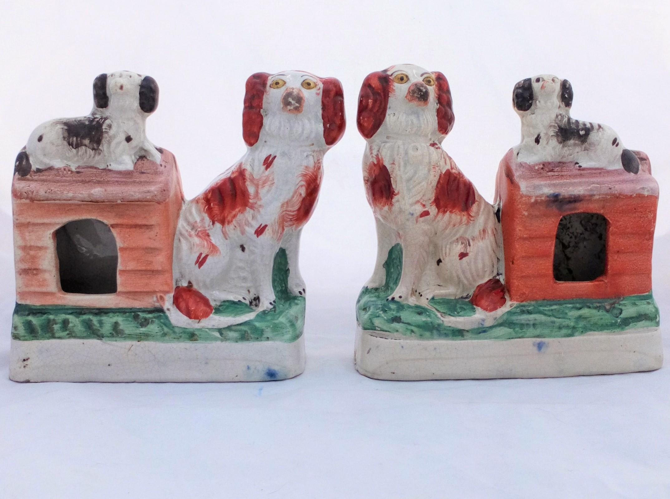 Antique Pair Staffordshire Figure Group Staffordshire Dogs with Puppies sat on Kennel roof circa 1860