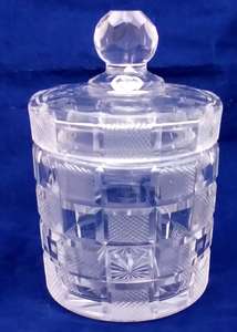 Antique Georgian lidded butter dish chequered cut glass cylindrical shape circa 1820