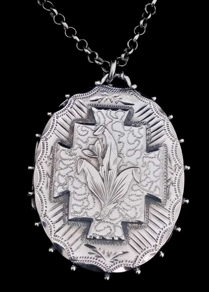 Antique Victorian Aesthetic Movement Large Silver Locket and Chain 1886 Snowdrop