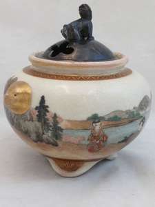 Antique Japanese Satsuma Pottery Koro hand painted figures in a continuous lakeside and mountain scene by Kizan 岐山 Meiji circa 1900