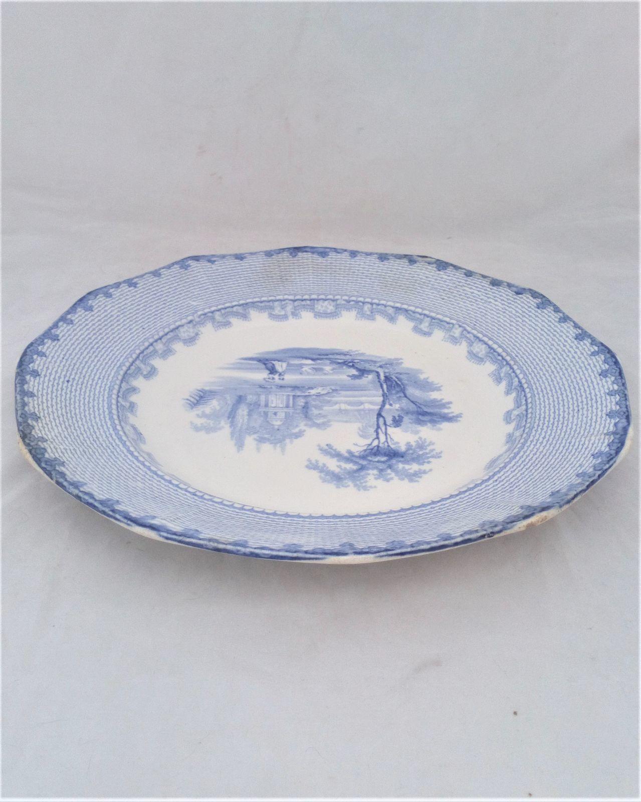 Victorian Blue and White Dinner Plate Romantic Pattern No 15 Geometric border c 1850