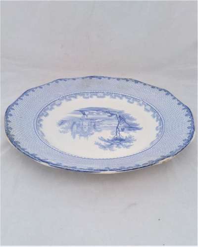 Victorian Blue and White Dinner Plate Romantic Pattern No 15 Geometric border c 1850