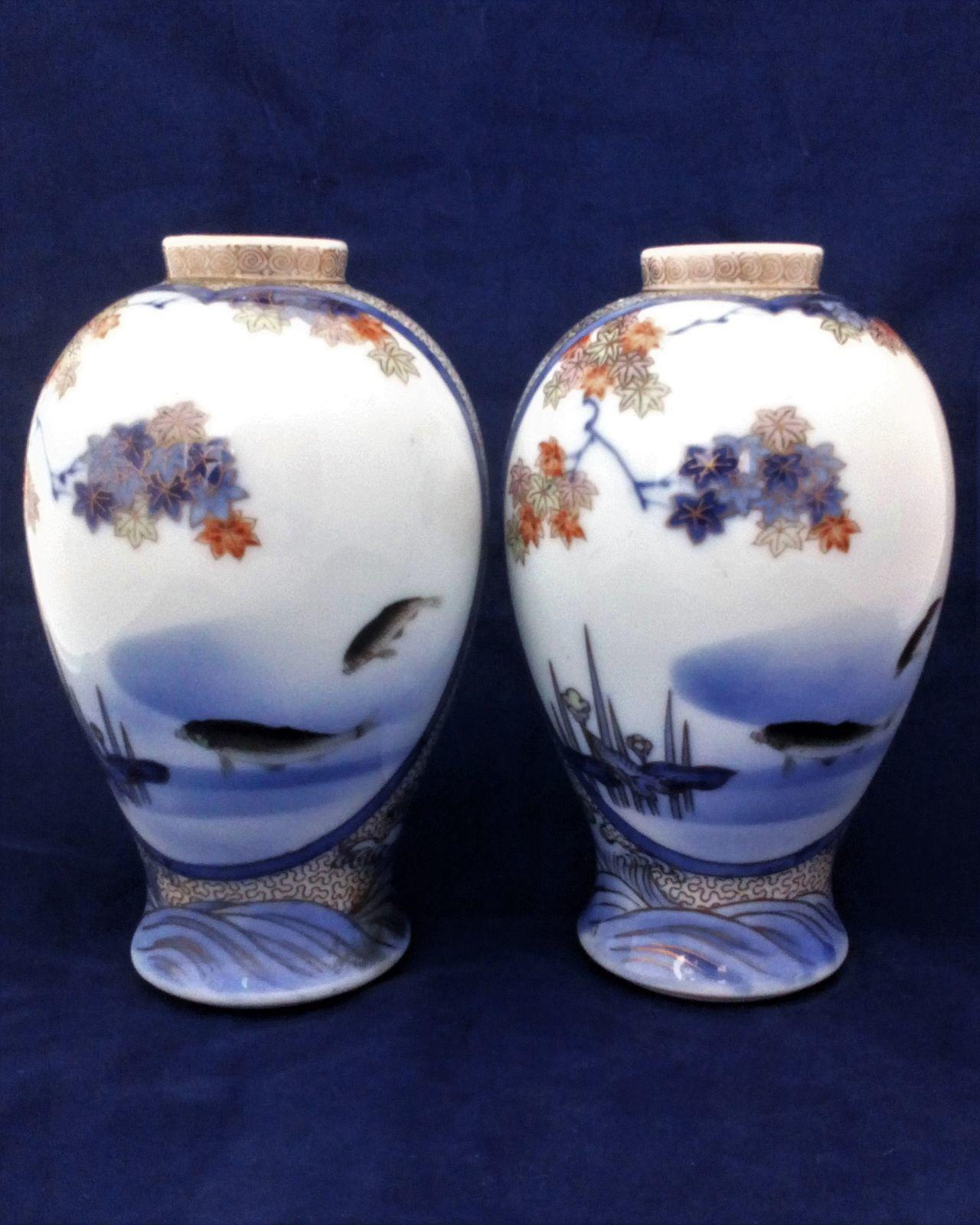 An antique pair of Japanese Koransha porcelain vases painted with Cranes and Carp Meiji period circa 1890