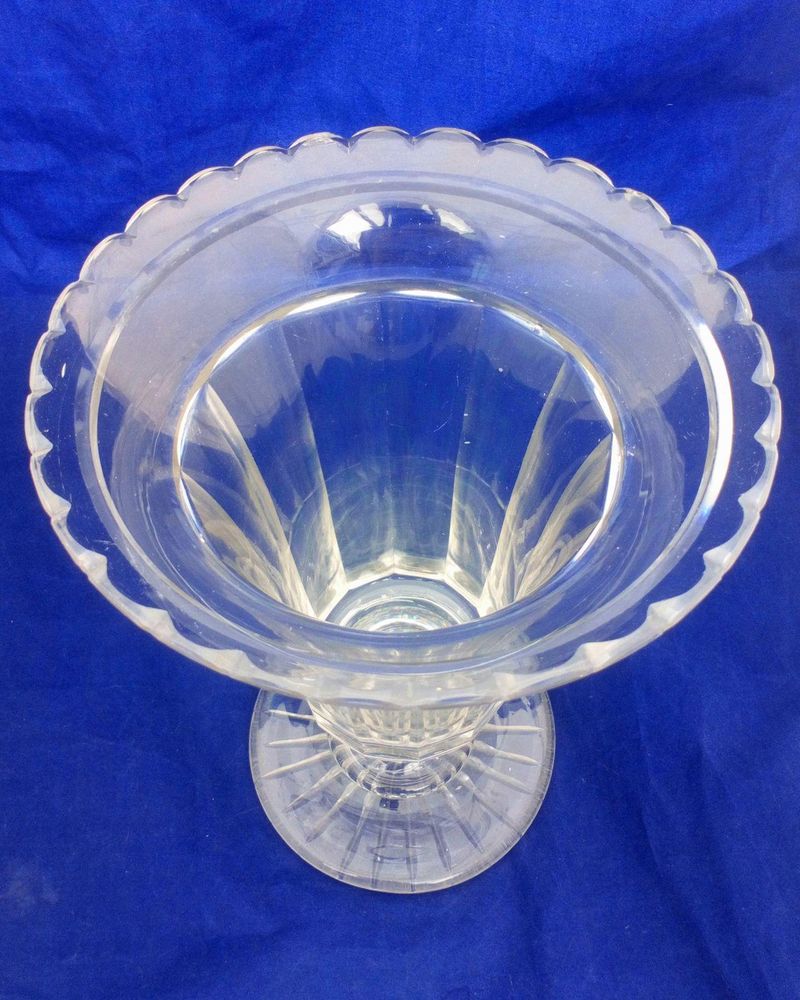 Antique Victorian large glass celery Vase with a scallop cut everted rimed rim, a panel cut bucket shaped bowl on a ball knopped stem and plain star cut foot, circa 1860.