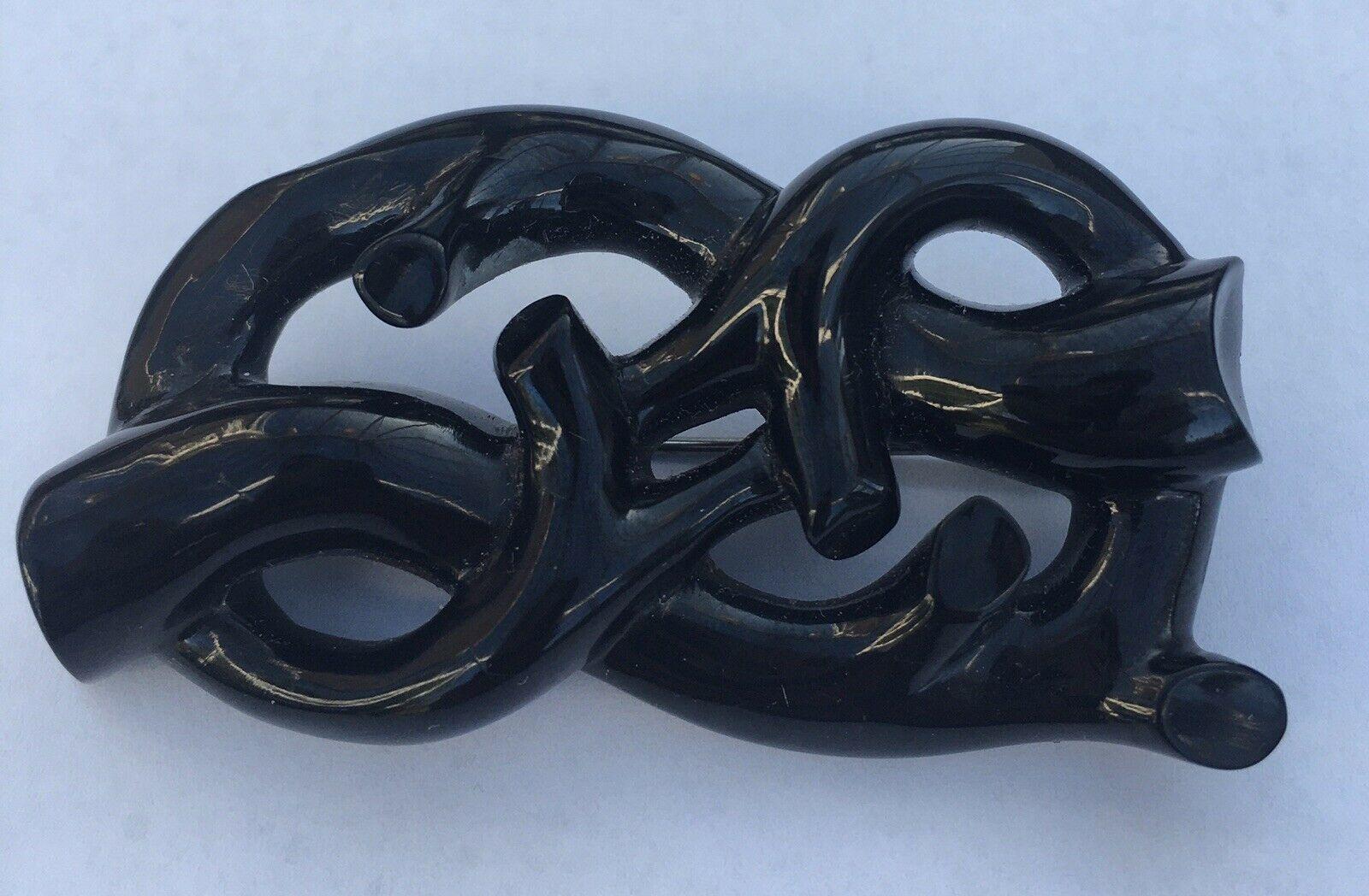 Antique Victorian Whitby Jet Lovers Knot Brooch Naturalistic Carved Large c 1870
