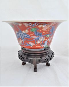 An antique Japanese Kutani Porcelain Bowl on stand enamelled in the style of Aoki Mokubei dating from the Meiji Era circa 1900