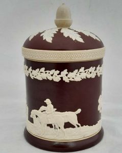 Antique Copeland Brown Sprigged Stoneware Tobacco Jar Humidor Hunting Scene  Domed lid with Acorn finial made between 1847 and 1867
