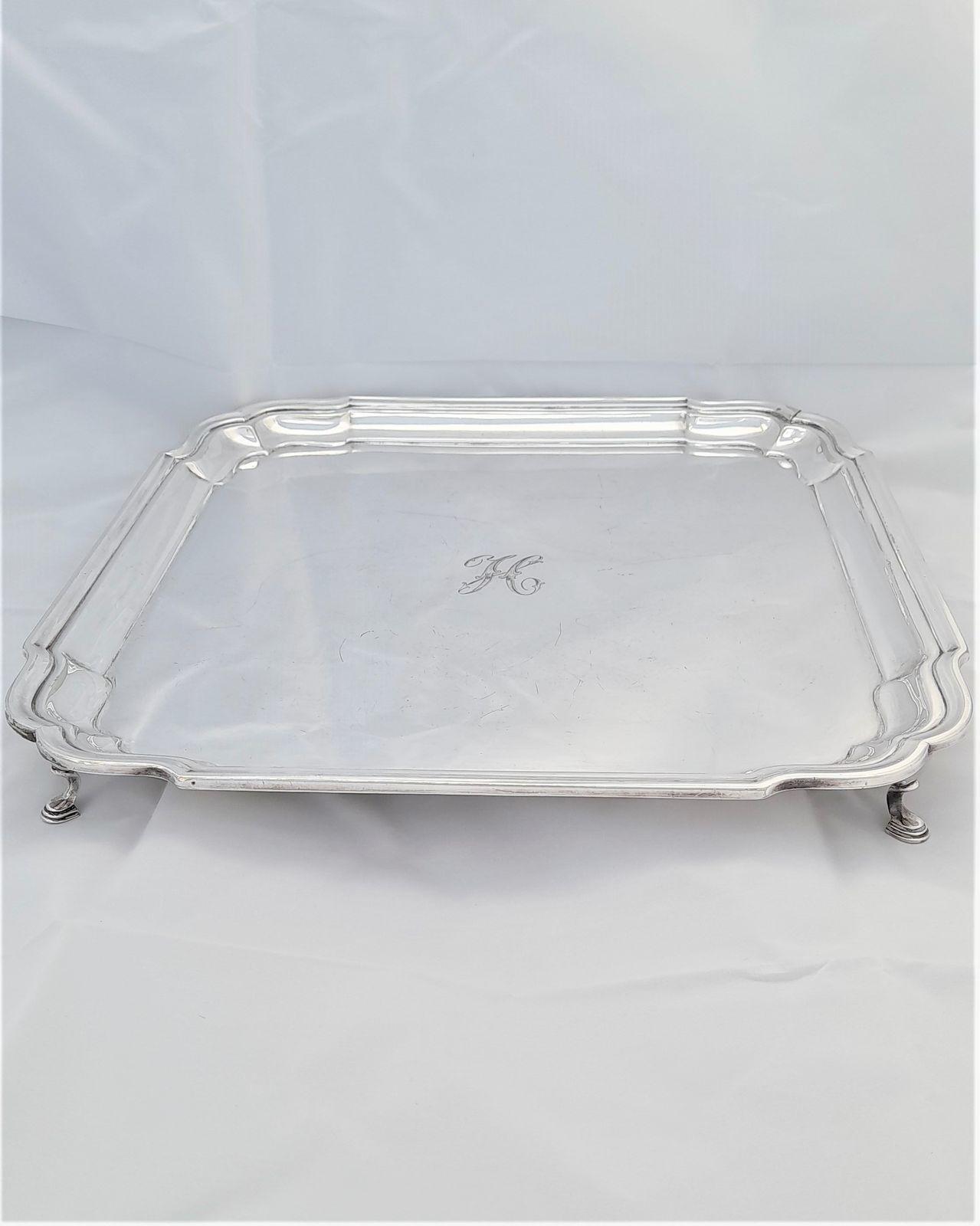 A vintage almost antique Barker Brothers silver plated square shaped salver, cocktail tray or hoof footed stand circa 1923 36 cm square