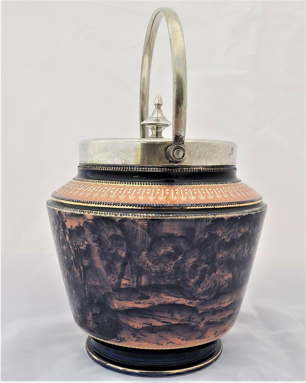 Antique Pottery Biscuit Barrel EPNS Fittings Printed Ruins Scene c 1915 W Wood