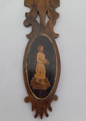 Sorrento ware inlaid letter opener olive wood marquetry woman antique c 1880