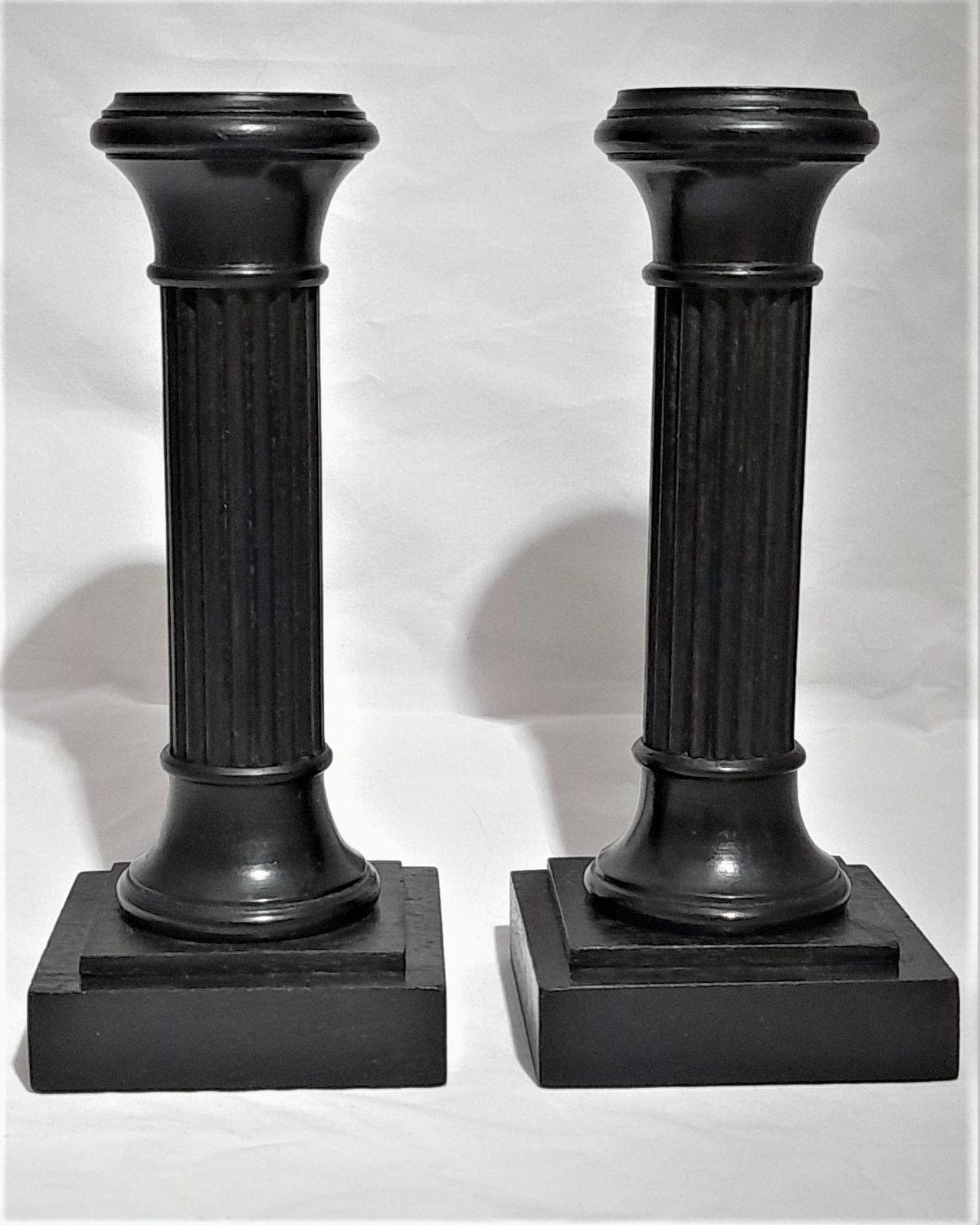 Pair of antique Edwardian Ebony ribbed Doric column wooden candlesticks 6 inches high circa 1905