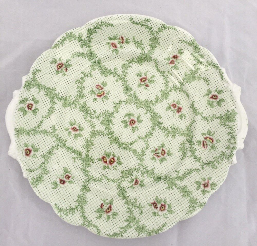 Victorian c 1840 Chintz Pattern Green Transferware Porcelain Dessert Plate Roses