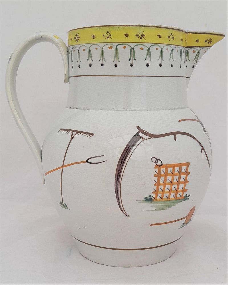 Pearlware high temperature underglaze decorated jug painted name - Edward Croston and farm implement  - Antique circa 1800 - prattware - capacity 2.5 pints or 1.45 litres - 17.5 cm high