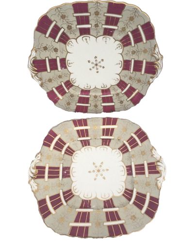 Pair Antique Porcelain Square Shaped Dessert Plates with Integral Handles Maroon Striped and Gilded Possibly Ridgway pattern 6709 circa 1840