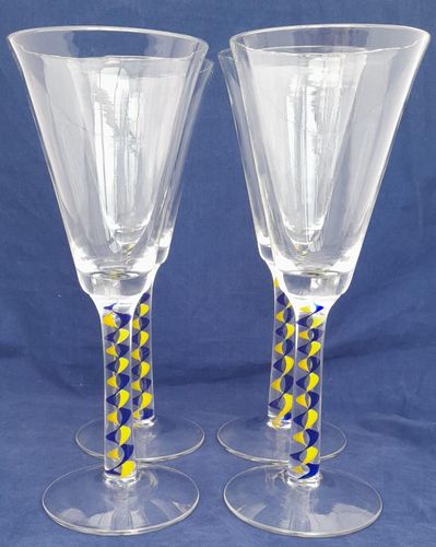 Four Vintage Mike Hunter Twists Studio Wine Glasses Blue & Yellow Colour Twist Stems Signed - Made in the Georgian style in Selkirk in Scotland 2010