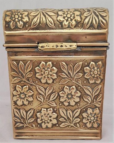 Aesthetic Movement antique brass hinged lidded Box for Stationery Passports or Notelets B7 size embossed floral decoration circa 1900