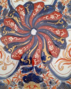 Antique Japanese Arita Porcelain Plate Ribbed Hand Painted Imari Pattern HoHo Bird or Chinese Phoenix Central low Relief Chrysanthemum Meiji ca 1880