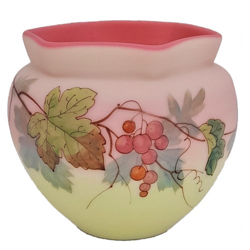 Antique Victorian Thomas Webb Queen's Burmese glass vase hand painted grapevine circa 1890 - peach pink & yellow globular body with an hexagonal rim