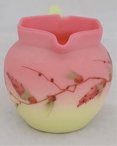 Antique Victorian Thomas Webb Queen's Burmese glass jug hand painted pine branch circa 1890 - peach pink & yellow globular body with an hexagonal rim