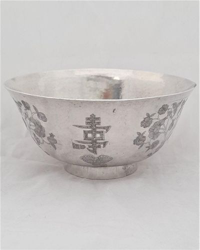 Chinese White Metal Silver Bowl 5" Engraved flower vase & Longevity character shou 壽 Lingzhi Fungus 19th century 173 grammes