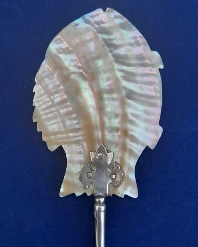 Palais Royal Mother of Pearl Fish Caviar or Salad servers with silver plated brass handles Antique French Grand Tour 1880