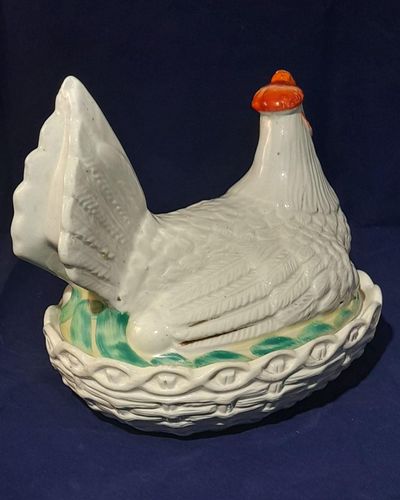 Staffordshire Pottery Chicken Egg Crock White Hen on Nest realistically modelled & coloured Antique circa 1860 7" high