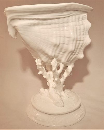 Antique Wedgwood White Porcelain Centrepiece - Fine Bone China Conch Shell sat Upon Coral on a round base - Victorian circa 1900 - 24.8 cm H 19 cm L