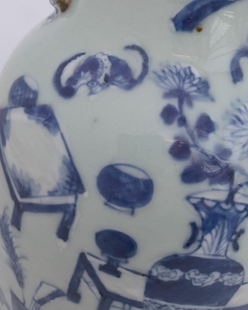 Antique Chinese Porcelain Celadon Ground Vase Blue & White Precious Things Lion Dog Handles baluster shape flared trumpet neck Qing dynasty late 19thC 42cm high 20.6 cm diameter 3.65 kg