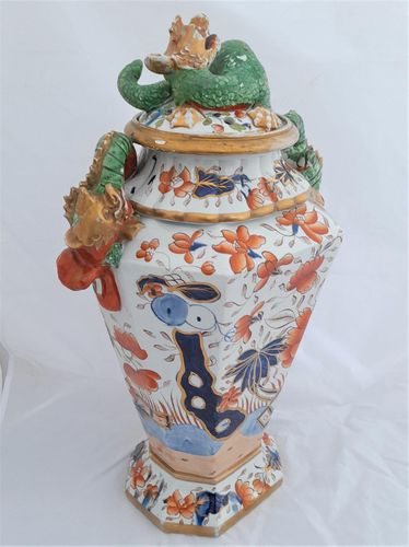 Antique Masons Patent Ironstone China alcove vase hand painted Fence Japan pattern potpourri circa 1815 Dragon handles Regency early 19thC 54cm 7.6kg