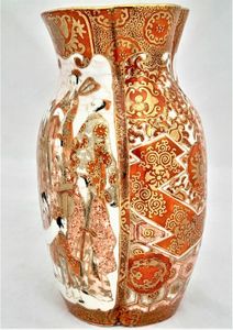 Antique Japanese Kutani Porcelain Vase decorated in iron red and enamel brocade - aka-e kinran-de made in the  Meiji period circa 1885 - signed Kaga San Pu Do - painted by Kasama Shuseki of  Kanazawa  in the Kaga Prefecture 15.2 cm high 9.2 cm wide weighs 370 grammes unpacked.