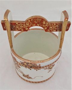 Japanese Kutani Porcelain Well Bucket Shaped Vase decorated in aka-e Meiji antique circa 1890 - signed Kutani Kankin Ken sei 12.7 cm high 319 grammes