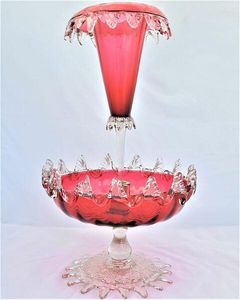 Antique Large Ruby Glass Table Centrepiece or Epergne Stand & Ruby Glass Trumpet circa 1880 - Applied crimped leaf & embossed daisy decoration 42cm High 2.4 kg