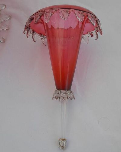 Antique Large Ruby Glass Table Centrepiece or Epergne Stand & Ruby Glass Trumpet circa 1880 - Applied crimped leaf & embossed daisy decoration 42cm High 2.4 kg