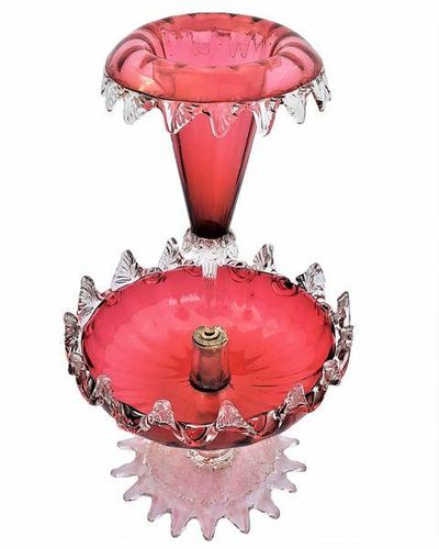 Antique Large Ruby Glass Table Centrepiece or Epergne Stand & Ruby Glass Trumpet circa 1880 - Applied crimped leaf & embossed daisy decoration 42cm High 2.4 kg
