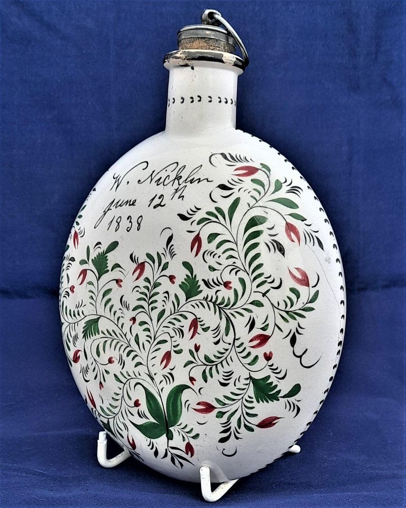 Pearlware Prattware Spirit Flask Inscribed W. Nicklin June 12th 1838 - Antique Pilgrim Flask high temperature underglaze colours green black & red
