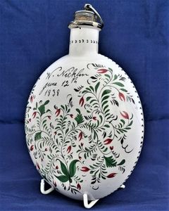 Pearlware Prattware Spirit Flask Inscribed W. Nicklin June 12th 1838 - Antique Pilgrim Flask high temperature underglaze colours green black & red