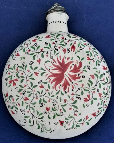 Pearlware Prattware Spirit Flask Inscribed W. Nicklin June 12th 1838 - Antique Pilgrim Flask high temperature underglaze colours green black & red