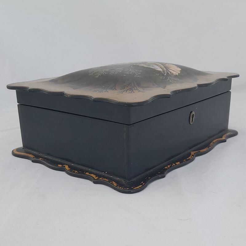 Front left - Papier Mache Jewellery Box scalloped rim & hand painted Shells Seaweed & kelp design with Inlaid Mother of Pearl - Antique Victorian Conchology c 1850