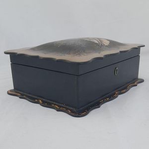 Front left - Papier Mache Jewellery Box scalloped rim & hand painted Shells Seaweed & kelp design with Inlaid Mother of Pearl - Antique Victorian Conchology c 1850